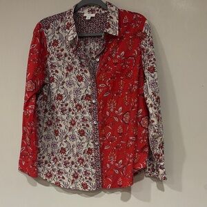 J Jill MP Red and Cream Floral Shirt